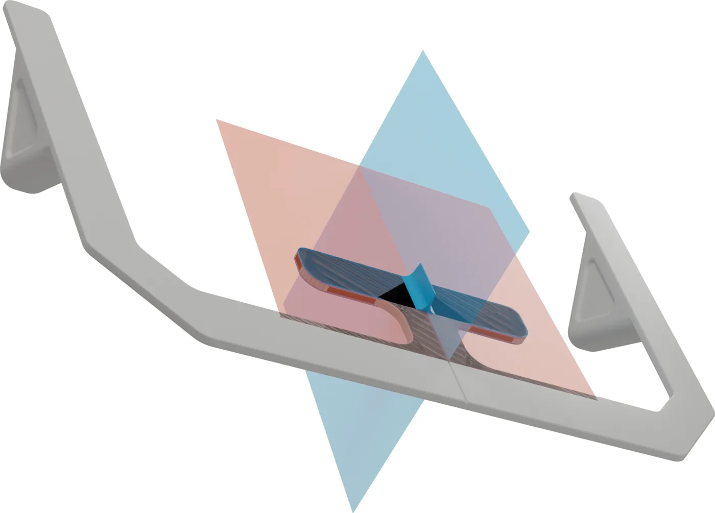 Rendering of the digital twin with the occlusal plane in red and the midline plane in blue
